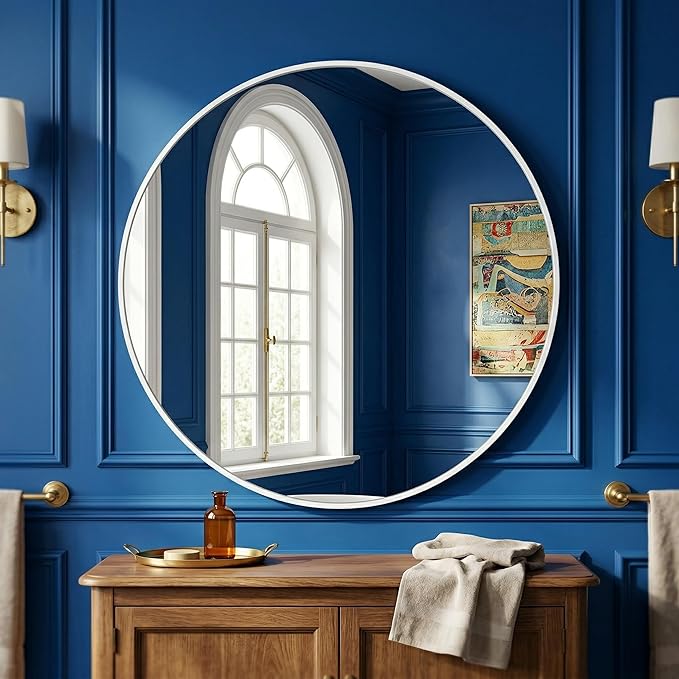 HARRITPURE Round Mirror 24" White Wall Mounted Circle Mirrors Vanity Mirror with Brushed Aluminum Alloy Frame Modern Decoration for Bathroom, Living Room, Vanity, Bedroom, Entryway