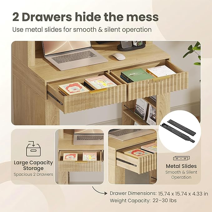 Arched Writing Desk with Hutch, Home Office Desk with 2 Fluted Drawers, Secretary Desk with Outlets, LED Lights, Bookshelves, Wood Computer Desk for Small Space, Bedroom 35.4"W x 70.8"H (Oak)