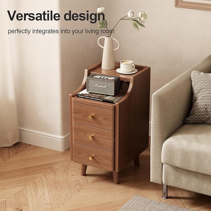 Solid Wood Narrow Nightstand with Drawers,Walnut Nightstand Wood Bedside Table Modern for Bedroom,Study,Toilet