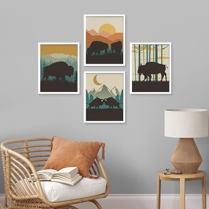 SIGNWIN Framed Country Farmhouse Vibrant Bison Wall Art, Set of 4 Silhouette Animals Wall Decor Prints, Wilderness Nature Wall Décor for Living Room, Bedroom - 11"x14" White