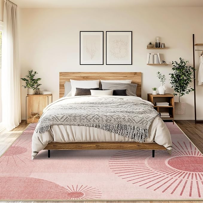 9x12 Large Area Rug for Living Room Sun Rug Mid Century Modern Rugs Machine Washable Boho Geometric Rug Non Slip Printed Low Pile Indoor Floor Carpet for Dining Room Bedroom Office,Pink