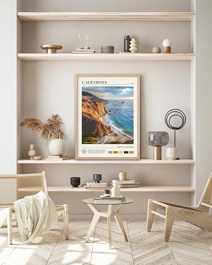 HesenDot Natural OAK Wood Coastal California Refers Framed Wall Art,12x16in Natural Seascape Canvas Wall Print,Classic Urban Landmark Wall Decor for Living Room,Bedroom,Office Gallery Gifts Set of 1