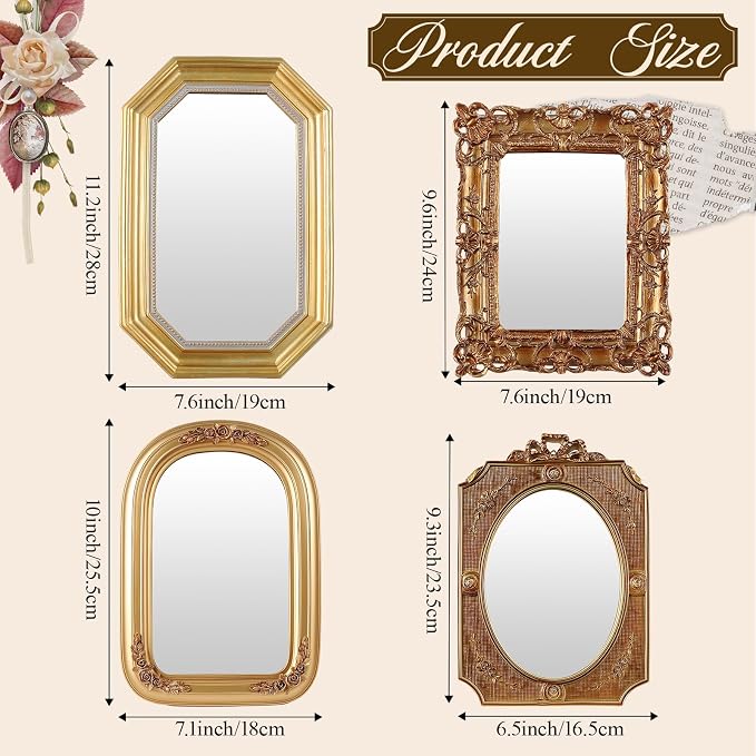 Wonderjune 5 Pcs Vintage Gold Mirror Set for Wall Decorative Resin Frame Ornate Antique Hanging and Tabletop Mirror for Home Dresser Gallery Decor Photography Props Gift (Baroque Style)