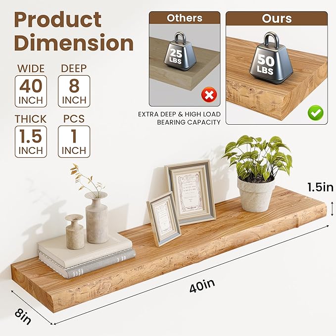Extra Deep 40" Long Live Edge Rustic Floating Shelves for Wall, Solid Wood Wall Shelves with Invisible Bracket Mount for Living Room Bathroom Bedroom Kitchen, Set of 1, Natural