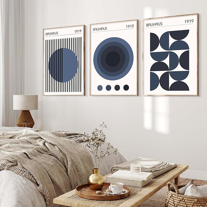 Minimalist Geometric Wall Art Bauhaus Exhibition Poster Abstract Shape Prints Mid Century Modern Artwork Boho Modern Pictures Abstract Geometric Painting Blue Bauhaus Poster for Room 16x24in Unframed
