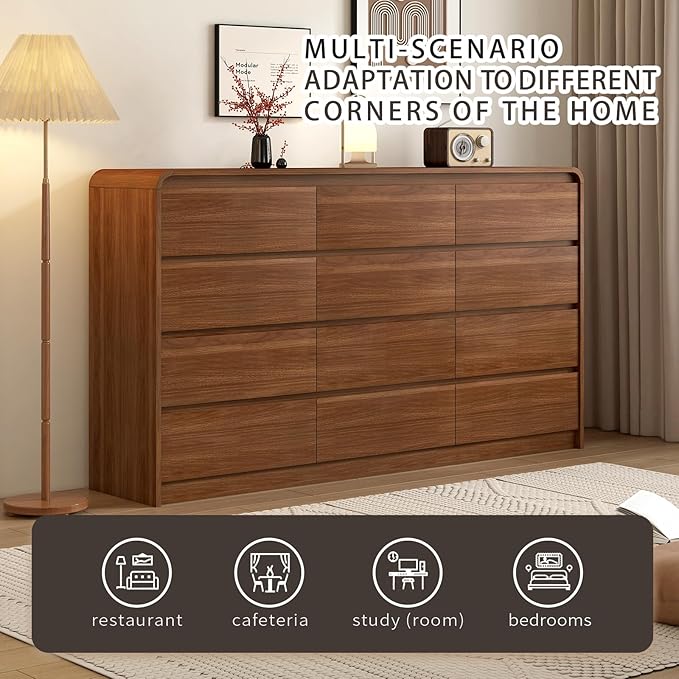 Modern 12-Drawer Dresser 63-Inch Wide, Curved Anti-Collision Design, Mid-Century Storage Cabinet with Pre-Embedded Slots, Sturdy Reusable, Ideal for Bedroom/Living Room/TV (Brown, 12-63)