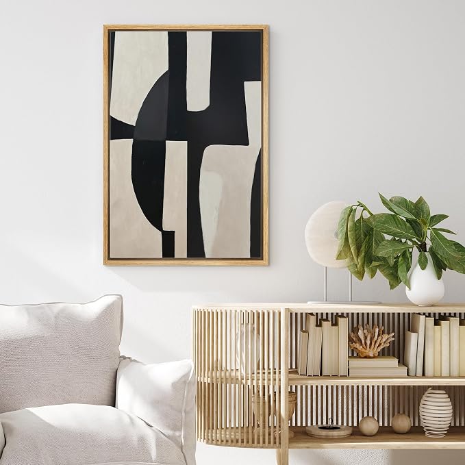 MUDECOR Framed Canvas Print Wall Art Bold Geometric Shapes in Black and Beige Abstract Mid-Century Illustrations Minimalism Decorative Bohemian Geometric Retro for Bedroom - 16"x24" Natural