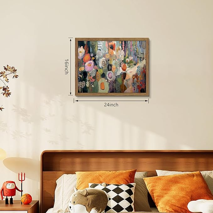 Framed Vintage Colorful Flower Canvas Wall Art, Abstract Floral Graffiti Poster Prints, Modern Boho Botanical Artwork, Elegant Nature Wall Decor for Living Room Bedroom Office 16x24in
