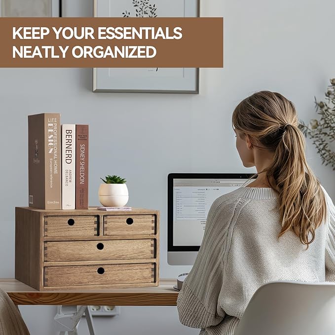 KIRIGEN Wood Desktop Storage Cabinet with 4 Drawers, 3-Tier Desk Organizer for Letter-Size Paper, Mail, Home Office Supplies, Makeup, Crafts, Desk or Countertop, Fully Assembled, Brown WJG34-DBR