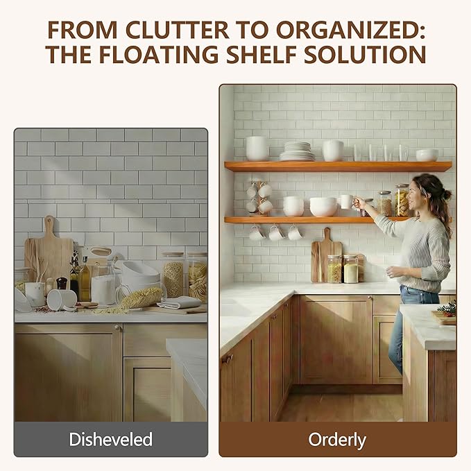 IEO Long Wooden Floating Shelves for Room Wall, Natural Wood Floating Shelves Wall Mounted Kitchen Shelf for Living Room, Bedroom, Kitchen,Bathroom, Storage (Honey Oak, 60in 4tier)