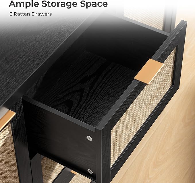 SICOTAS Rattan Large Sideboard Buffet Cabinet with Storage - Farmhouse Boho Coffee Bar Storage Cabinet with 3 Drawers and 2 Doors, Tall Credenza for Living Room, Kitchen, Hallway, Black Oak (2 Pieces)