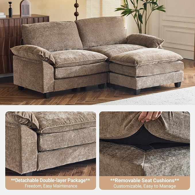 VINGLI Convertible Sectional Loveseat Sofa with Deep Seat &Movable 2-Layer Ottoman, Oversized L-shape Cloud Sofa with Chaise & Armrests, 2-Seat Sofa for Small Spaces & Apartment, Chenille, Light-Brown