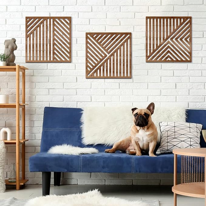 Bnesi 3 Piece Abstract Geometric Wood Wall Art Decor Modern Boho Minimalist Slatted Design Wall Sculpture Art Decor for Living Room Bedroom Home Bathroom (Classic, Medium)