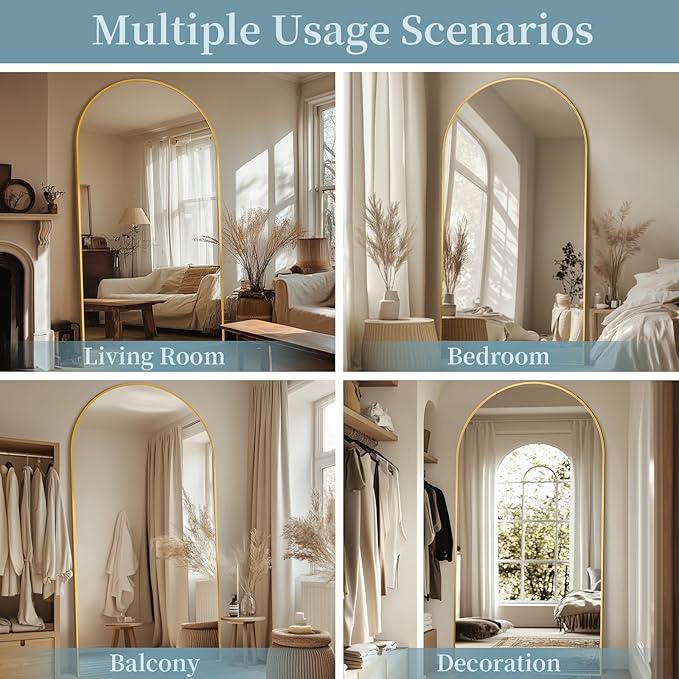 Full Length Mirror with Stand, 76"x44" Arched Full Body Mirror, Large Stand Up Mirrors, Aluminum Frame Floor Standing Mirrors, Freestanding Hanging Leaning Mounted for Bedroom Living Room, Gold