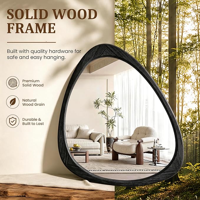 Asymmetrical Mirror, 24"x19" Unique Irregular Wall Mirror, Wood Mid Century Modern Mirror Decor for Bathroom Bedroom Living Room Entryway Hallway (Black)