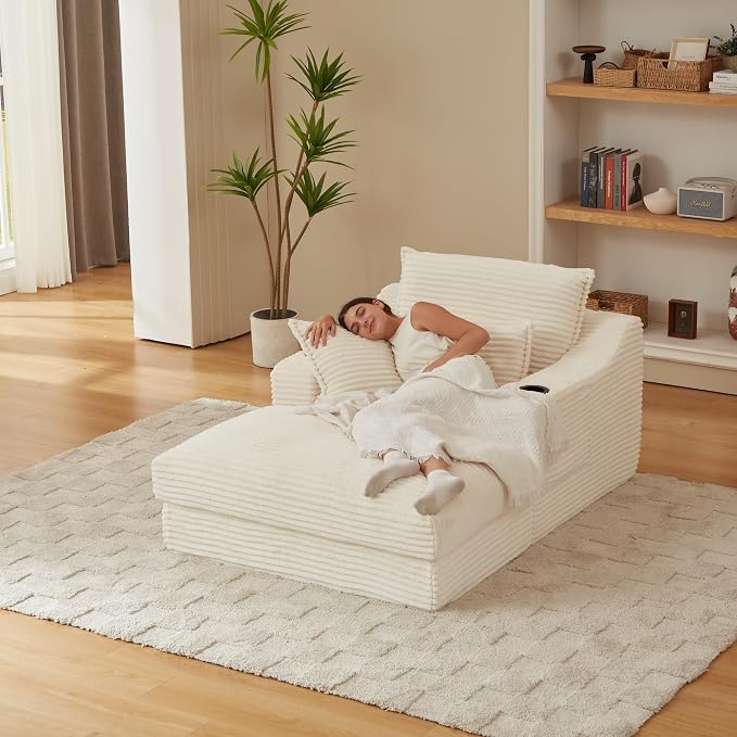 67" Oversized Chaise Lounge Chair Indoor, Corduroy Boneless Chaise Lounge with Cup Holders, 2 Side Pockets & 3 Soft Pillows, Deep Seat Sleeper Couch Reading Chair for Living Room Bedroom- Beige | Breathable material