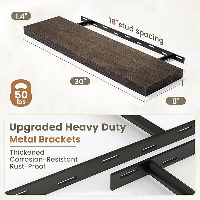 Fun Memories Solid Elm Wood Floating Shelves Set of 2-30 Inch Rustic Wall Shelves with Heavy-Duty Invisible Brackets - for Living Room, Kitchen, Bedroom, Bathroom - Walnut Finish