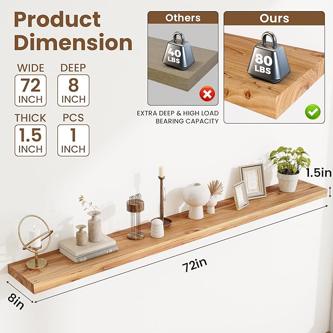 Extra Deep 72" Long Rustic Solid Wood Floating Shelves for Wall, Wall Shelves with Invisible Bracket for Living Room Bathroom Bedroom Kitchen, Set of 1, Walnut