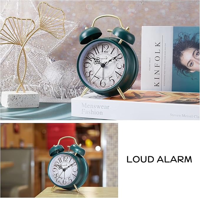 FLOITTUY Loud Alarm for Deep Sleepers 4'' Retro & Fashionable Twin Bell Alarm Clock with Backlight for Bedroom and Home Decoration(Deep Emerald)