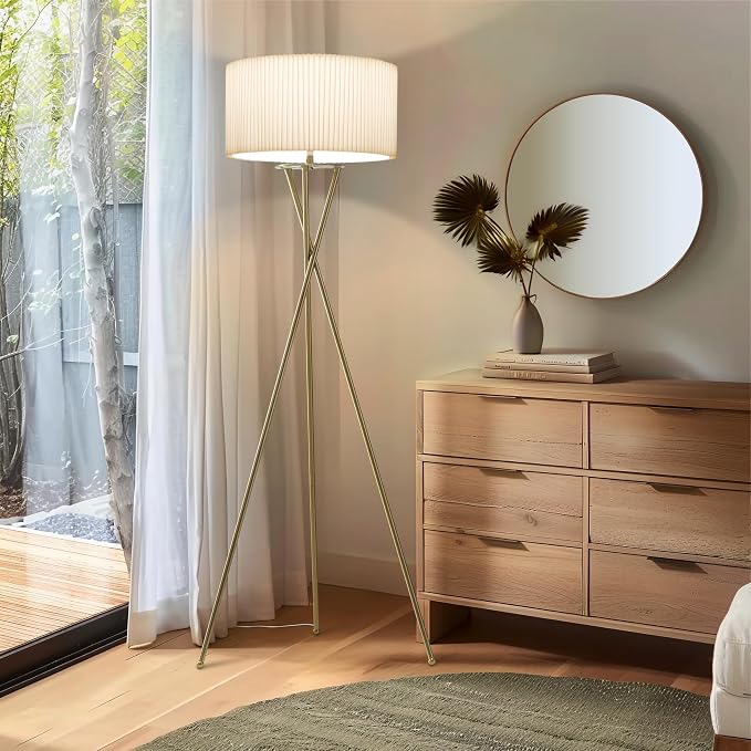 Brightech Jaxon Tripod Floor Lamp with Pleated Drum Shade, Modern Lamp for Living Room & Office, Contemporary and Elegant LED Lamp, Gold Standing Lamp for Bedroom Reading, Home Decor - Brass