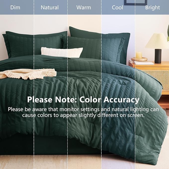 CozyLux King Size Comforter Set Forest Green, 7 Pieces Seersucker Textured Luxury Bed in a Bag, All Seasons Soft Bedding Sets with Down Alternative Comforter, Sheets, Pillowcases & Shams, Home Gift