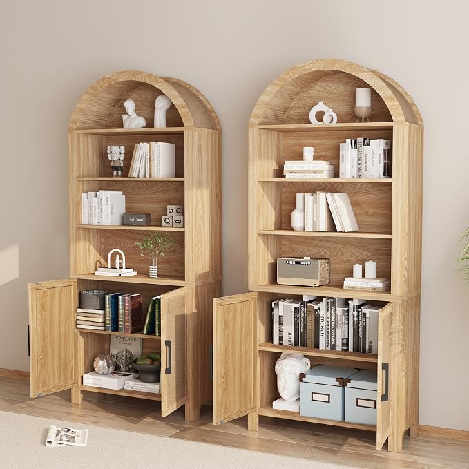 Janmer Home 71" Tall Arched Bookcase with Storage, Modern 6-Tier Cabinet with Door, Arched Bookshelf Cabinet with Open Display Storage Shelf for Living Room (Natural, 71inch 2pcs-Doors)