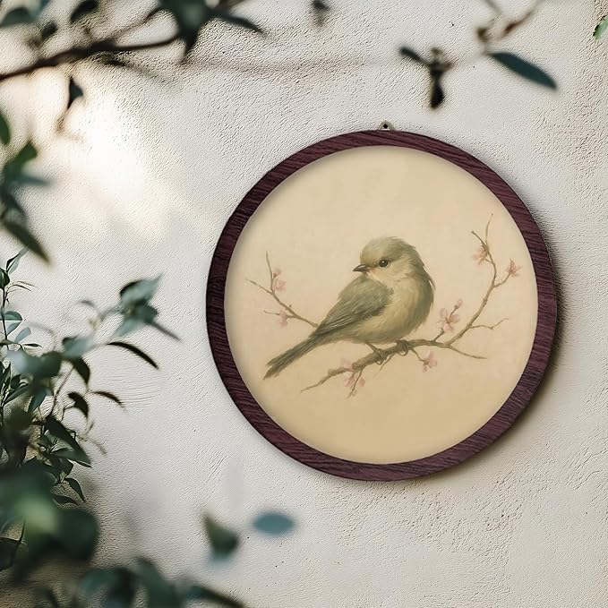 TFKFJLF Vintage Bird Round Wall Art Decor, Retro Floral Bird Framed Wooden Prints, Cottagecore Farmhouse Rustic Round Wall Hanging Decor for Home Bedroom Living Room, 10x10 Inch