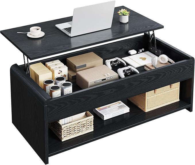 Lift Top Coffee Table, 35'' Multi-Function Coffee Table with Hidden Compartment & Open Shelf, Curved Profile Design, Converts to Home Office Table, Dining Table for Living Room, Black