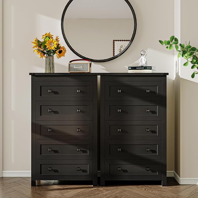 Black Dresser Tall 5 Drawer Dresser for Bedroom, Wooden Dressers & Chests of Drawers with Metal Handles, Modern Storage Cabinet and Organizer Drawers for Living Room, Hallway