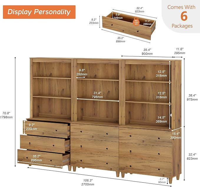 WAMPAT 71" Tall Bookcase with 9 Drawers & Open Shelves, 3 Column Modern 3-Tier Bookshelf with Adjustable Shelf, 106" Wide Wooden Display Book Shelf for Home Office, Living Room, Bedroom, Oak Brown