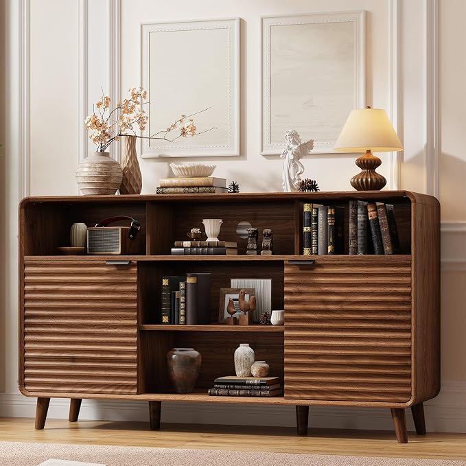 58 Inch Buffet Cabinet with Storage, Curved Buffet Sideboard w/2 Doors, Open Storage Shelf, Adjustable Shelves, Wooden Coffee Bar Cabinet for Kitchen, Living Room, Walnut