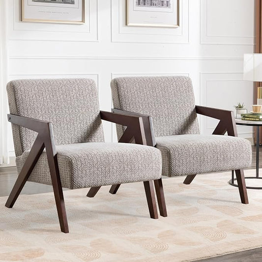 Bonzy Home Mid-Century Modern Accent Chair Set of 2 with Wood Frame, Upholstered Armchair for Bedroom & Living Room, Linen Fabric Cushion, Z-Shaped Armrest Design, Sturdy Lounge Chair