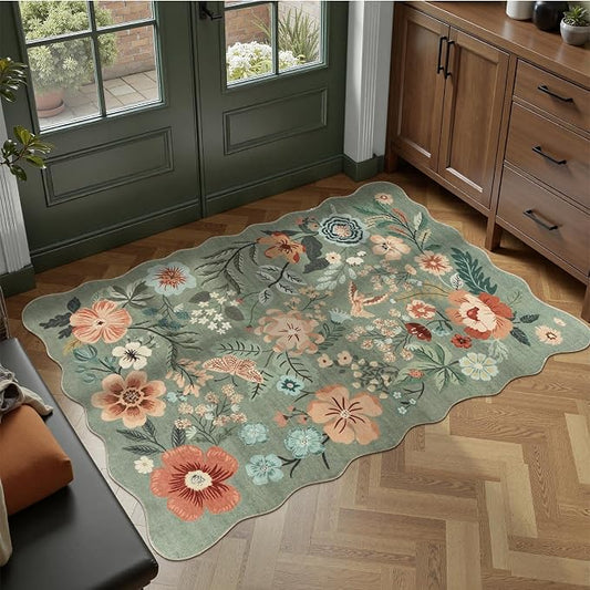 DCX Vintage Floral Rug 2x3, Washable Sage Green Rug for Living Room, Kid & Pet Friendly with Rubber Back Non Slip, Soft Low Pile Carpet, Stain Resistant Rug for Kitchen, Bedroom, Laundry, Bathroom