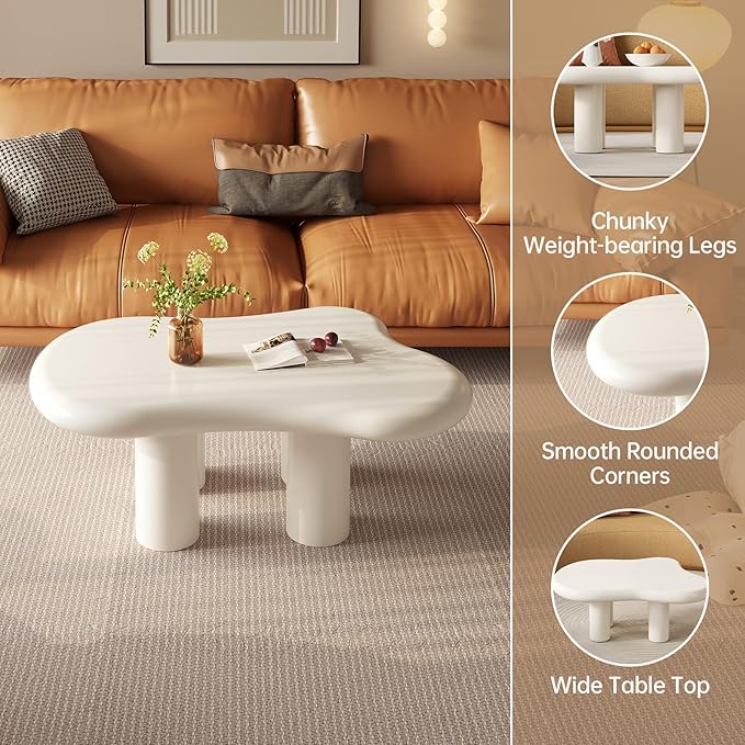 35.82" White Cloud Coffee Table, Modern Round Edge Coffee Table with 4 Sturdy Support Legs and 2.67" Thick Tabletop,Easy Match for Living Room, Bedroom, Balcony, Patio