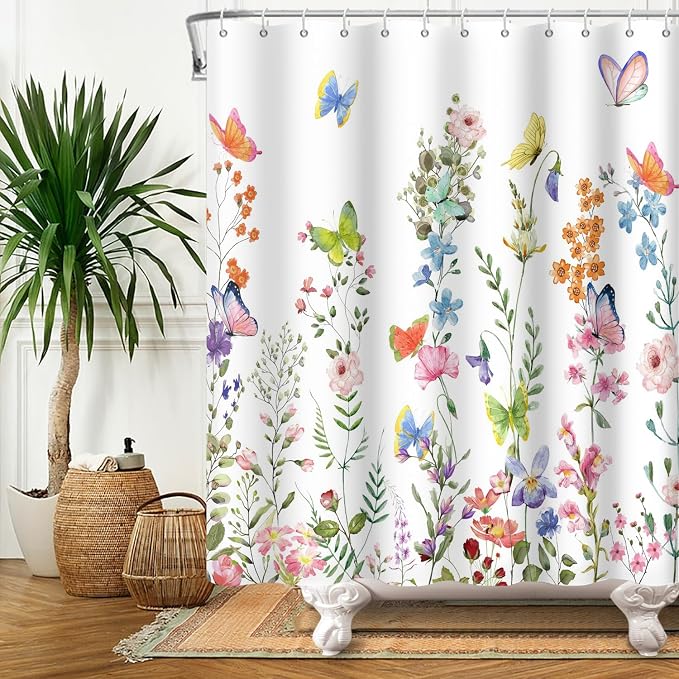 Spring Floral Butterfly Shower Curtain Summer Colorful Wildflowers Botanical Shower Curtain for Rustic Vintage Bathroom Decor Easter Shower Curtain Set 66x72 Inches