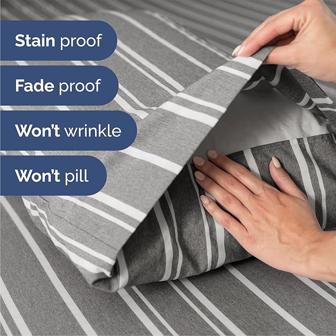 Queen Size 4 Piece Sheet Set - Comfy Breathable & Cooling Sheets - Hotel Luxury Bed Sheets for Women & Men - Deep Pockets, Easy-Fit, Soft & Wrinkle Free Sheets - Grey Stripes Oeko-Tex Bed Sheet Set