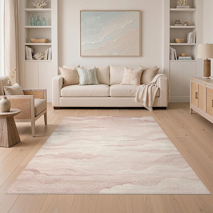 5'x7' Washable Abstract Abstract Area Rug, Cream Flatwoven Floor Covering for Dining Room, Under Table, Home Office, Non-Slip Chair-Friendly Carpet | Ref:2208255