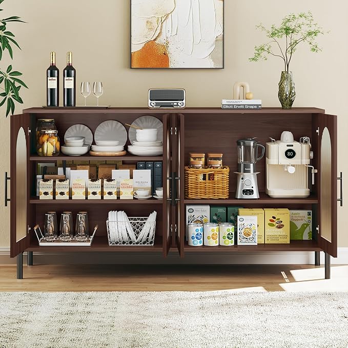 HUAHUU 55" Buffet Cabinet with Storage, Large Sideboard Buffet Cabinet with 4 Doors & 2 Adjustable Shelves, Modern Sideboard Storage Cabinets for Kitchen Living Room Entryway, Walnut