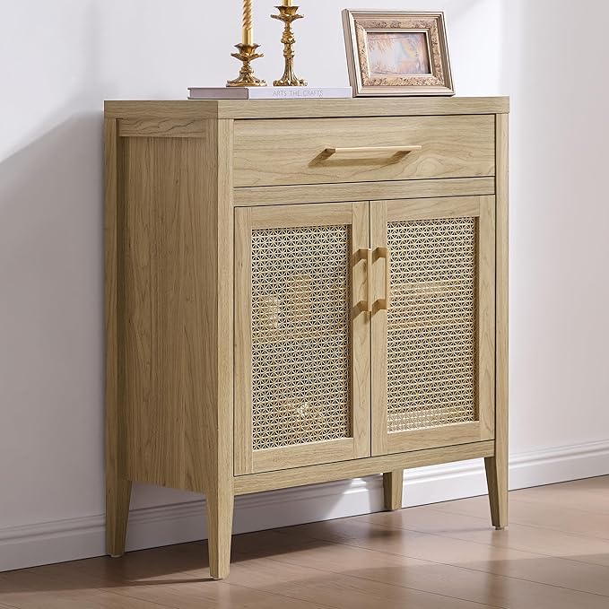 SICOTAS 30" Kitchen Sideboard Buffet Cabinet with Storage, Modern Coffee Bar Cabinet with Adjustable Shelves & Gold Mesh Doors, Storage Cabinet with Drawer for Living Room, Dining Room, Light Walnut