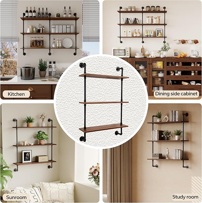 3-Tier Industrial Pipe Floating Shelf – Rustic 30 inch Wood Wall-Mounted Storage Shelf for Kitchen Office,Bathroom & Home Decor -Walnut