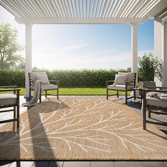 Washable Indoor Outdoor Rug 5x7 Modern Area Rugs Branch Pattern Non Shedding Waterproof Easy Clean Patio Deck Porch Living Room Bedroom Garden RV (5 X 7 Natural)