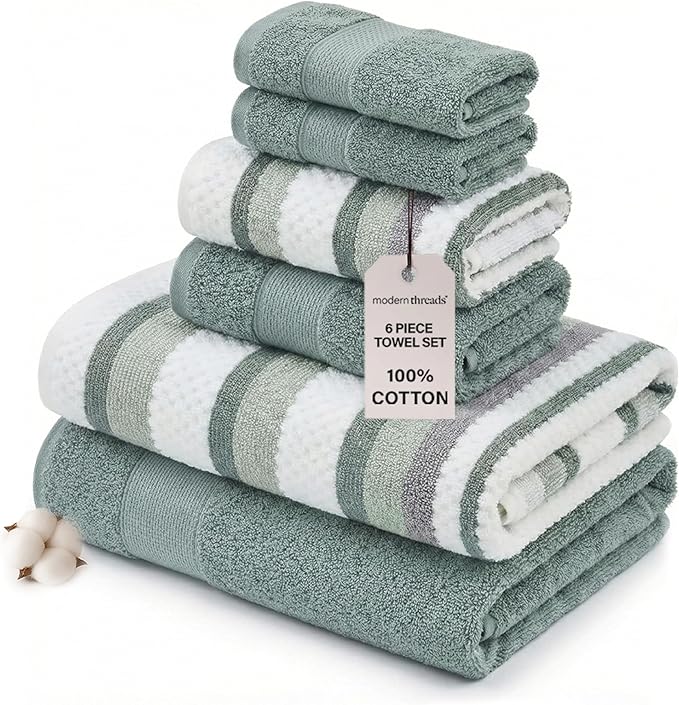 Modern Threads Pax 6-Piece Reversible Yarn Dyed Jacquard Towel Set - Bath Towels, Hand Towels, & Washcloths - Super Absorbent & Quick Dry - 100% Combed Cotton, Ivy