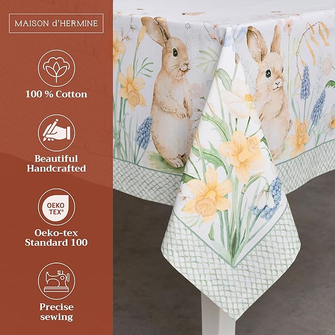 Maison d' Hermine Table Cloth Rectangle Table 100% Cotton 60 x 120 Inches Tablecloth Reusable Decorative for Dining Room Farmhouse Home Valentines Day Decorations Spring Summer - Easter Dew