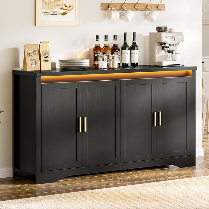 60'' Sideboard Buffet Cabinet with Storage, Modern Coffee Bar Cabinet with Power Outlets, LED Light, 4 Doors & Adjustable Shelves, Buffet Table for Kitchen, Dining Room, Living Room, Black
