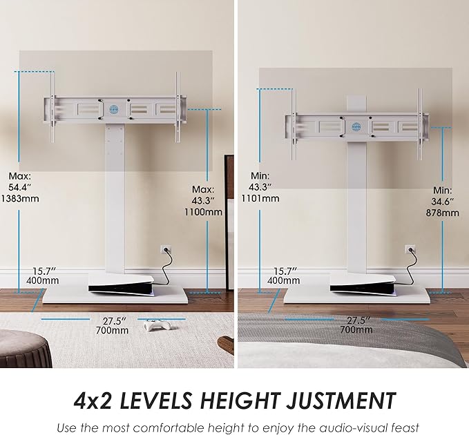 FITUEYES Iron Base Floor TV Stand with Power Strip, Tall TV Stand with Swivel Mount for 50-85 Inch Plasma Flat Panel or Curved Screen TVs Height Adjustable Wire Management(White,with Power Outlet)