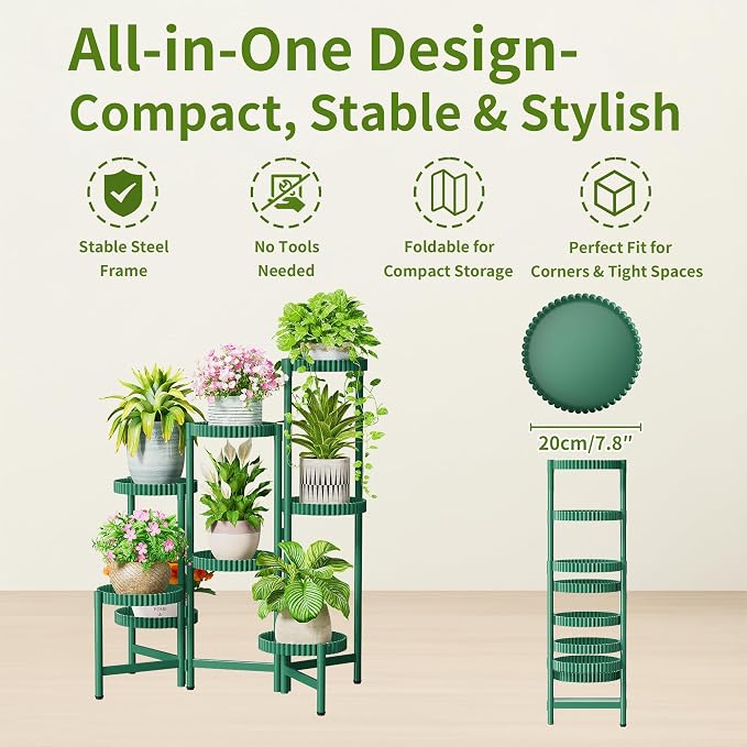 8 Tier Large Plant Stand Indoor, 7.9 Inch Wide Tall Corner Metal Plant Stands Outdoor for Multiple Plants, Foldable Tiered Plant Stand for Living Room Balcony Garden Patio - GreenFloroma