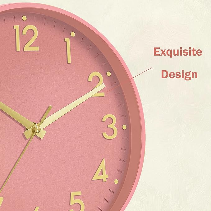 Mosewa Wall Clock 10 Inch, Battery Operated Silent Non-Ticking Modern Analog Clock Decorative for Kitchen, Bedroom, Office, Living Room(Pink Gold)