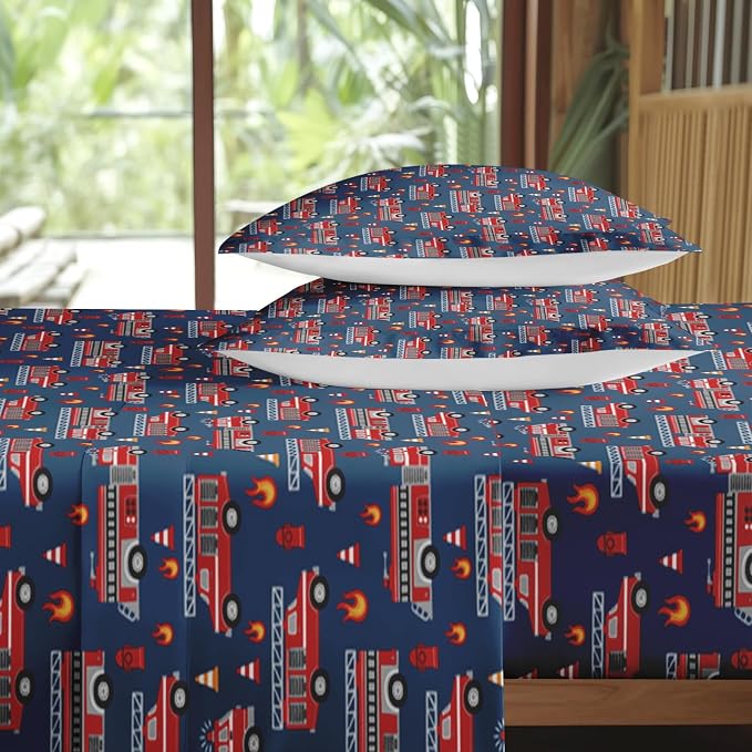 Pamnest Full Size Bed Sheet Sets, Fire Trucks Blue Soft Microfiber 4 Pcs Bedding Sets for Kids and Adults Bedroom Bed Decor, Red Car Vehicle Flat, Fitted Sheet and 2 Pillowcases