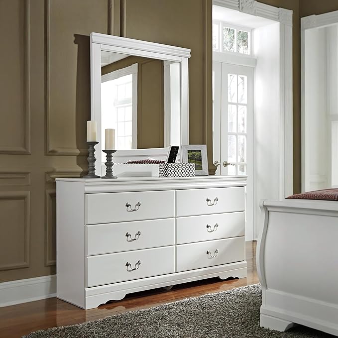 Signature Design by Ashley Anarasia Traditional Smooth-Gliding 6-Drawer Dresser and Mirror with Safety Stop, White