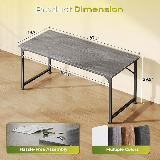 PRAISUN 47 Inch Computer Desk, Home Office Desk with Spacious Desktop, Modern Gaming Desk, Writing Study Table for Bedroom, Small Spaces, Work from Home Desk with Metal Frame, Grey